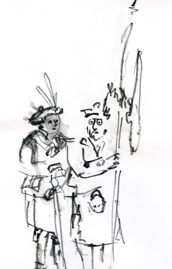 Messy line drawing of two men in highland dress